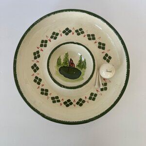 Vintage Ceramic Tennis Chip & Dip Platter Hand-Painted Green & Red Golf Flag Des